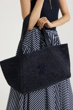 Großer trapezförmiger Patou Shopper mit Logo aus Raffiabast