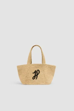 Kleiner trapezförmiger Patou Shopper mit Logo aus Raffiabast