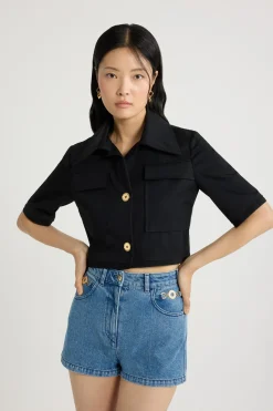 Kurze Jacke mit kurzen Ärmeln aus Bio-Baumwollgabardine