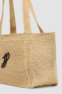Großer trapezförmiger Patou Shopper mit Logo aus Raffiabast